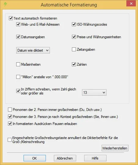 Dragon - Einstellungen zur automatischen Formatierung