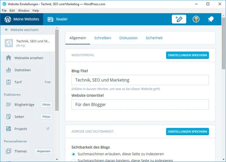 wordpress.com Einstellungen