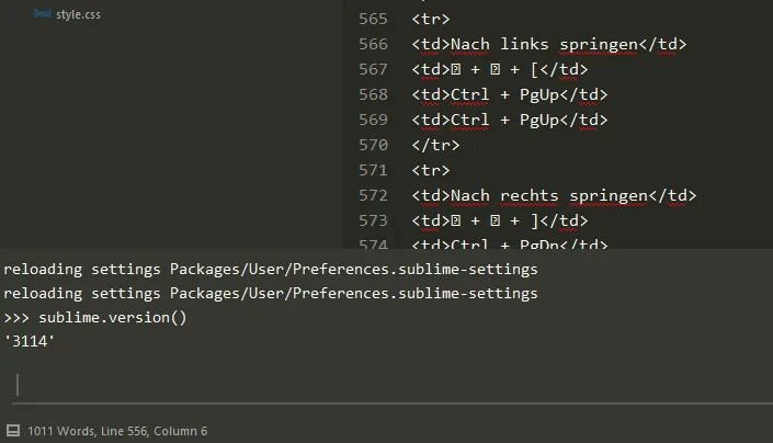 Sublime Text - Konsole gibt die Version aus