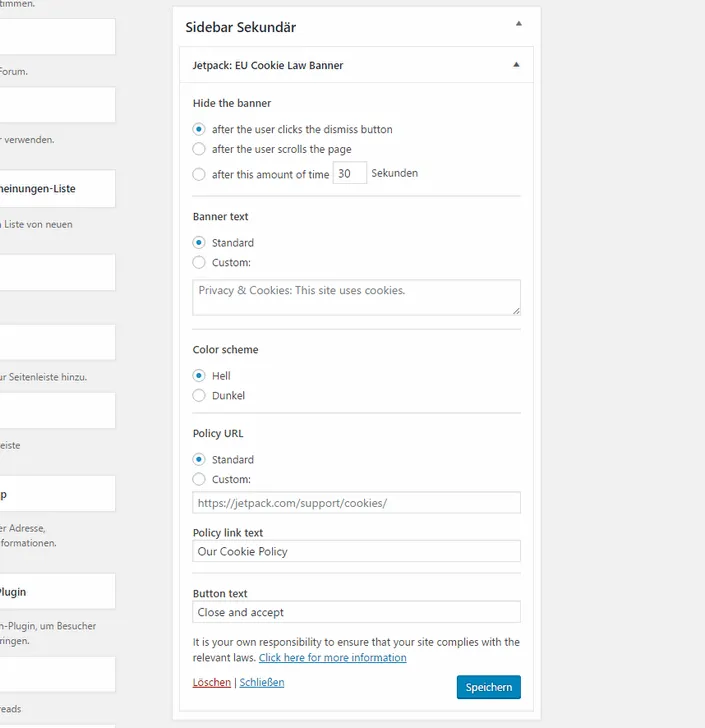 Jetpack - Cookie Law Widget Einstellungen