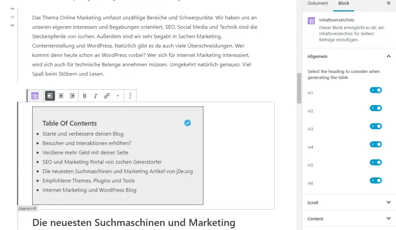 The settings for the TOC block - Ultimate Addons for Gutenberg