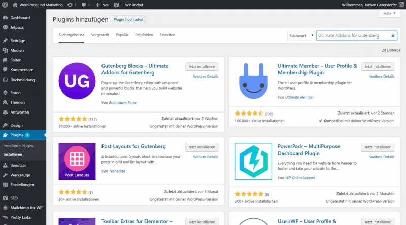 Install and activate Ultimate Addons for Gutenberg directly in WordPress