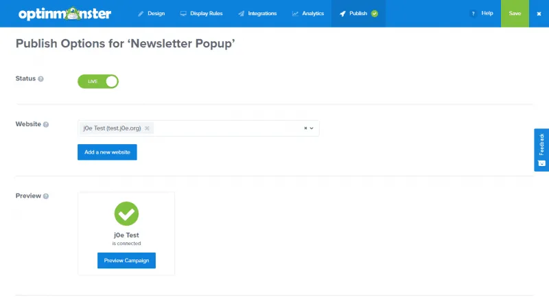 Publish - OptinMonster Kampagnen Editor