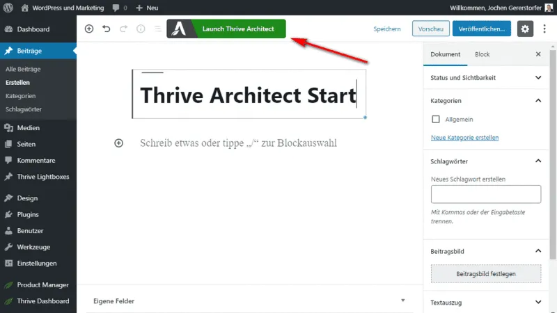 Launch Thrive Architect editor with the green button