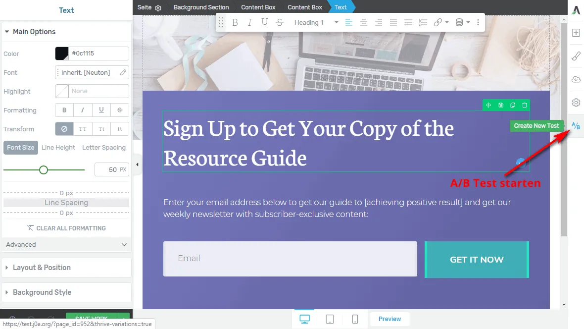 Thrive Optimize A/B Test starten