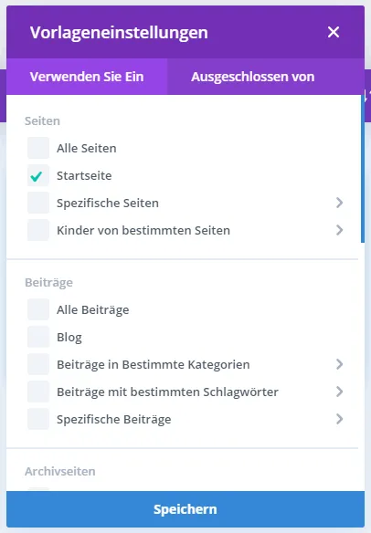 Theme Builder Einstellungen, wo die Vorlage aktiv sein soll.