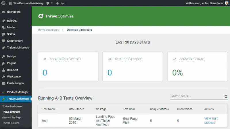 Thrive Optimize Dashboard mit Statistiken
