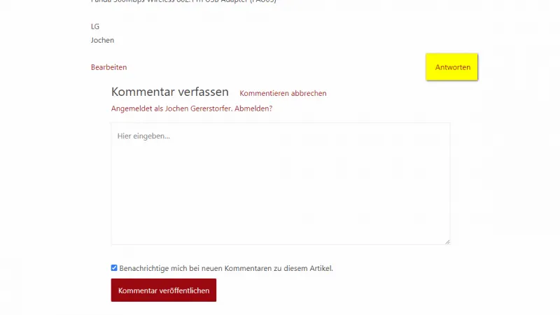 Gelb markiert, der Antworten-Link auf bloggerpilot.com