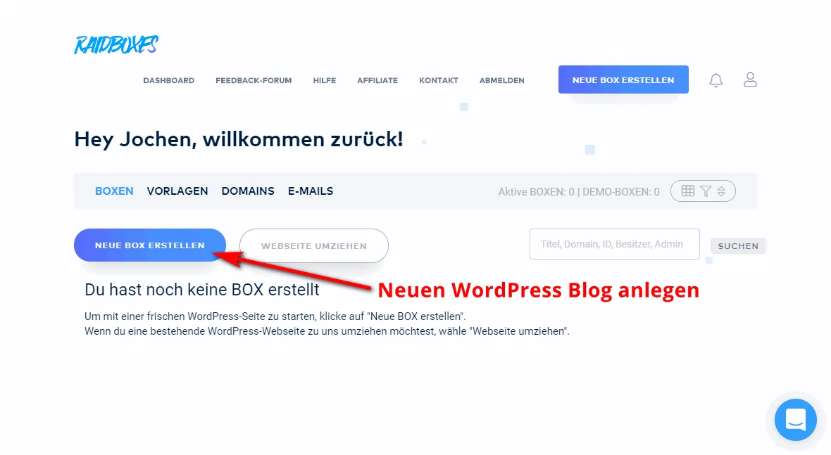 Eine neue Hosting-Box anlegen