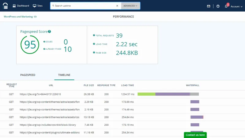 Pagespeed score, loading time and size of your website
