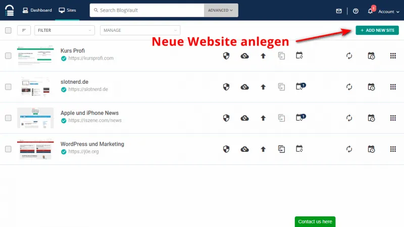 BlogVault Sites: Creating a New Website