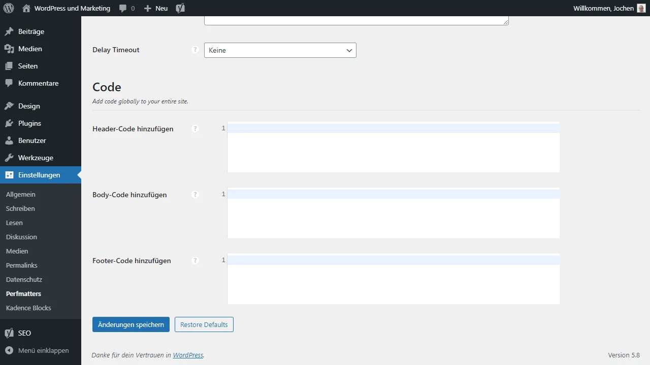 Füge JS und CSS in Header, Body und Footer ein.