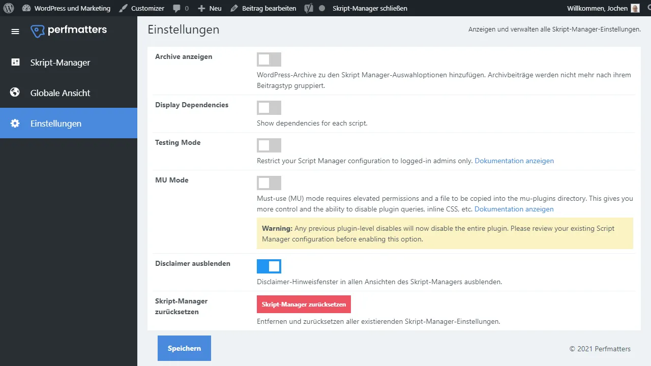 Die Einstellungen des Script Managers