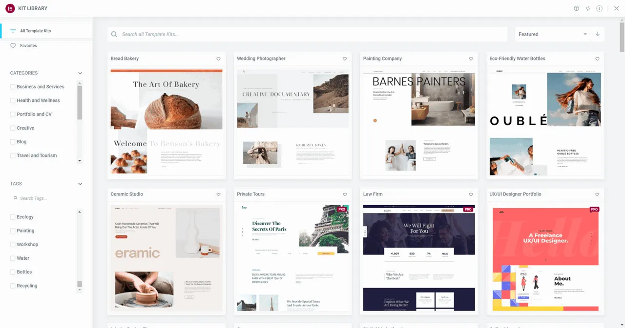 The Elementor Kits Library in the WordPress Admin