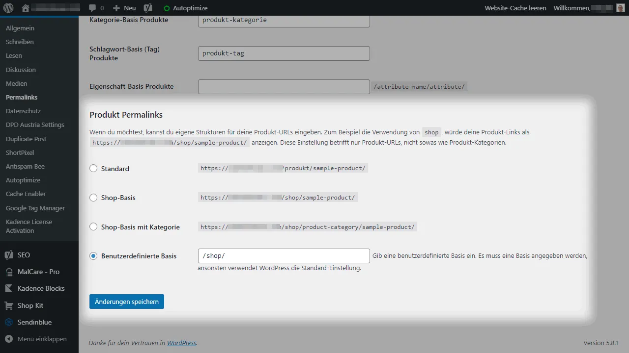 Die Produkt-Permalink-Einstellungen in WordPress.