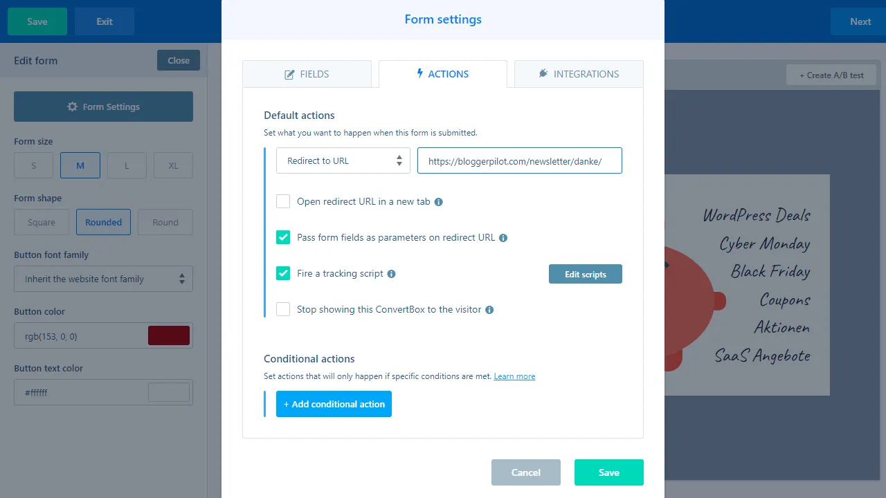 Select the required actions for the form.