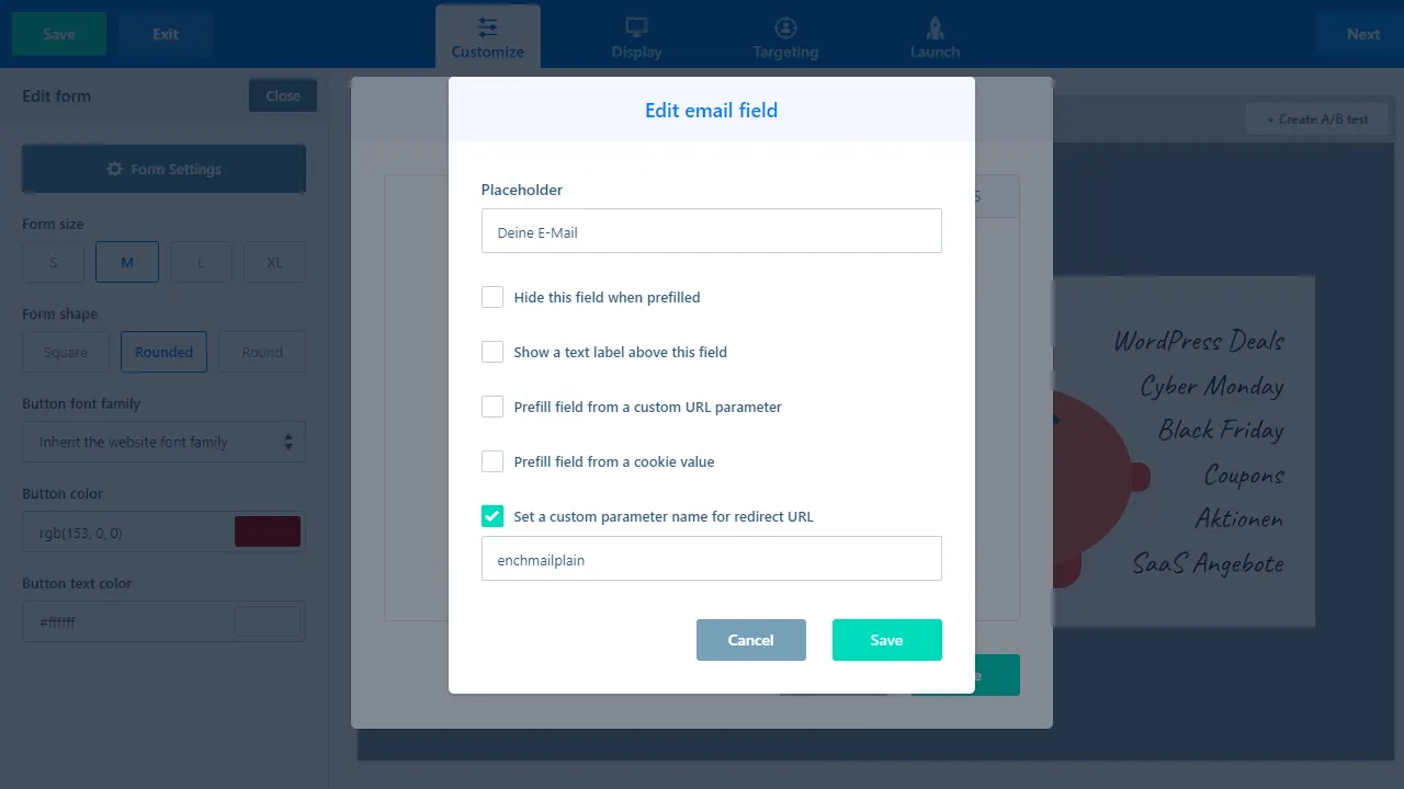 ConvertBox custom parameters for the email field.