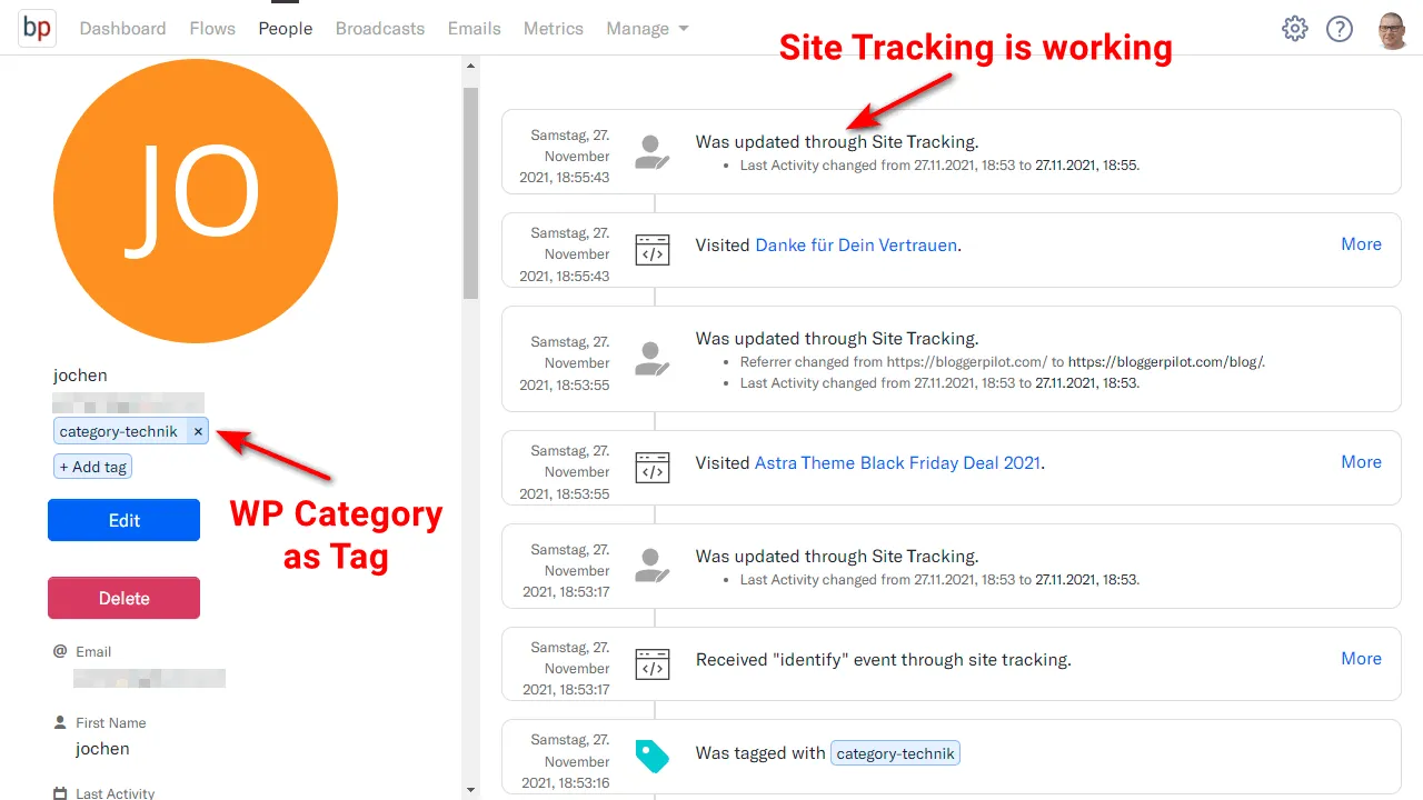 Encharge with the WordPress category as tag and site tracking for subscribers active.