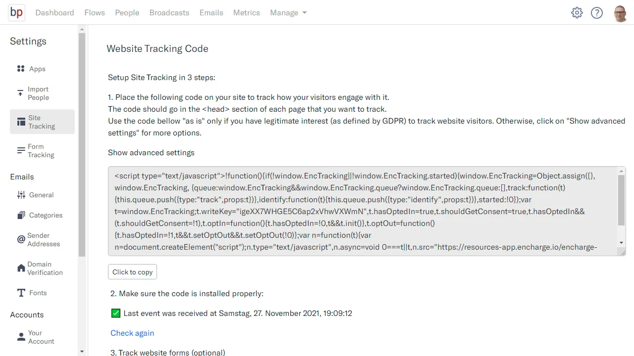 Use this snippet to enable website tracking on your site.