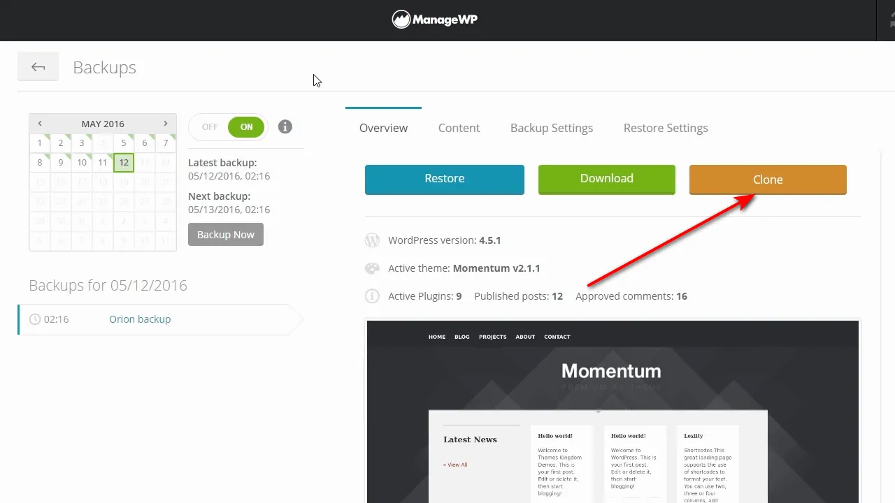 ManageWP Backup and Clone for USD 2.00 per month.