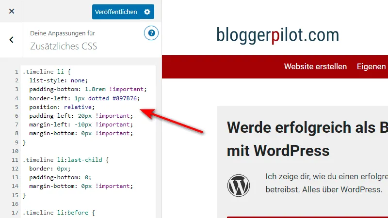 Füge deinen CSS-Code im Customizer ein.