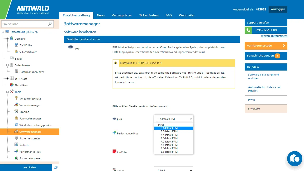 Der Kunde kann sich selbst die gewünschte PHP-Version einstellen.