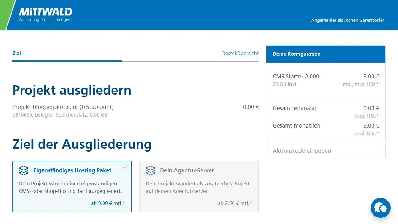 Projekt an Kunden ausgliedern
