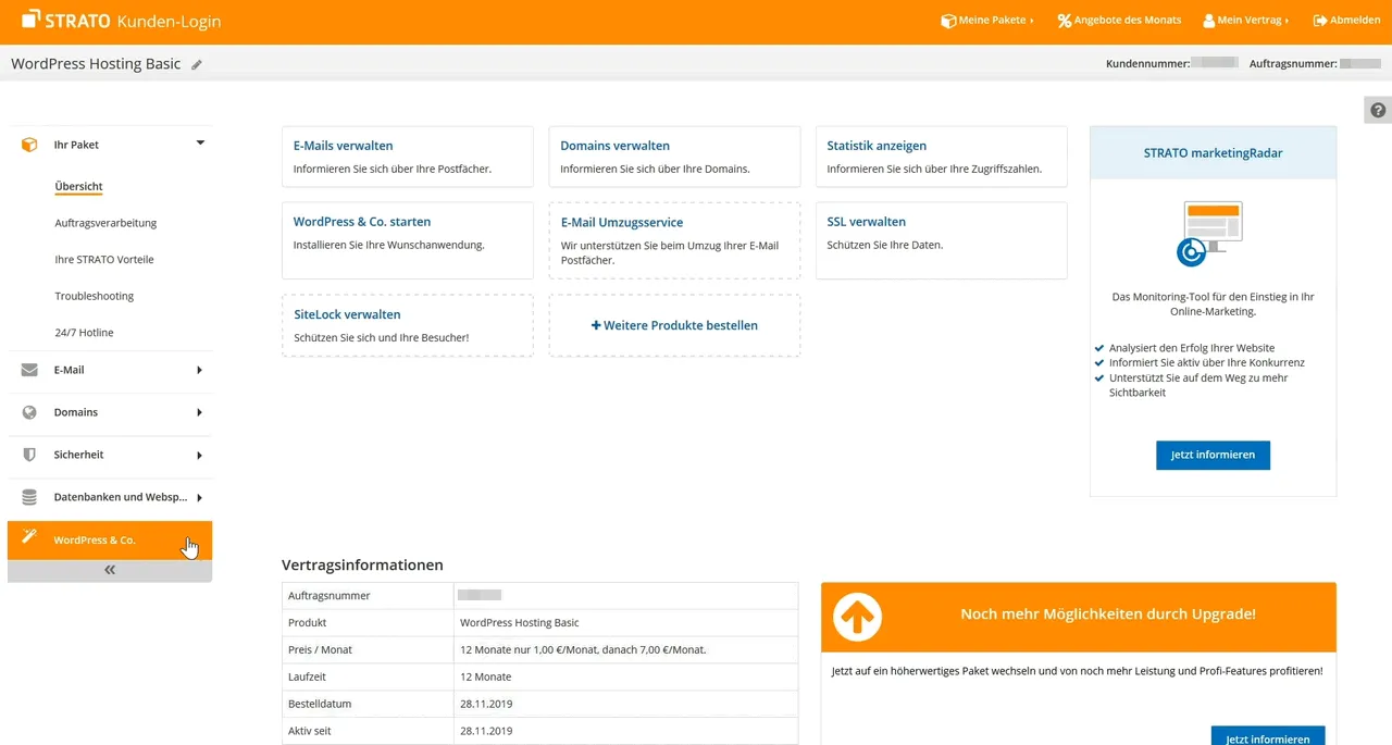 Mein Strato Review: Das Dashboard