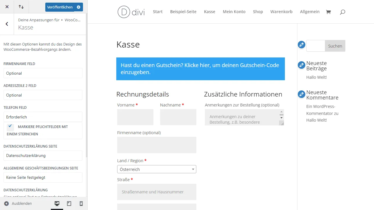 Divi und WooCommerce Einstellungen im Customizer