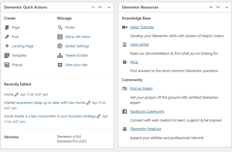 Elementor Quick Actions and Resources provide further information.