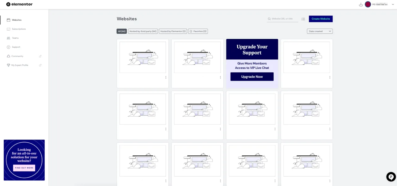 Elementor Cloud Dashboard mit den Websites.