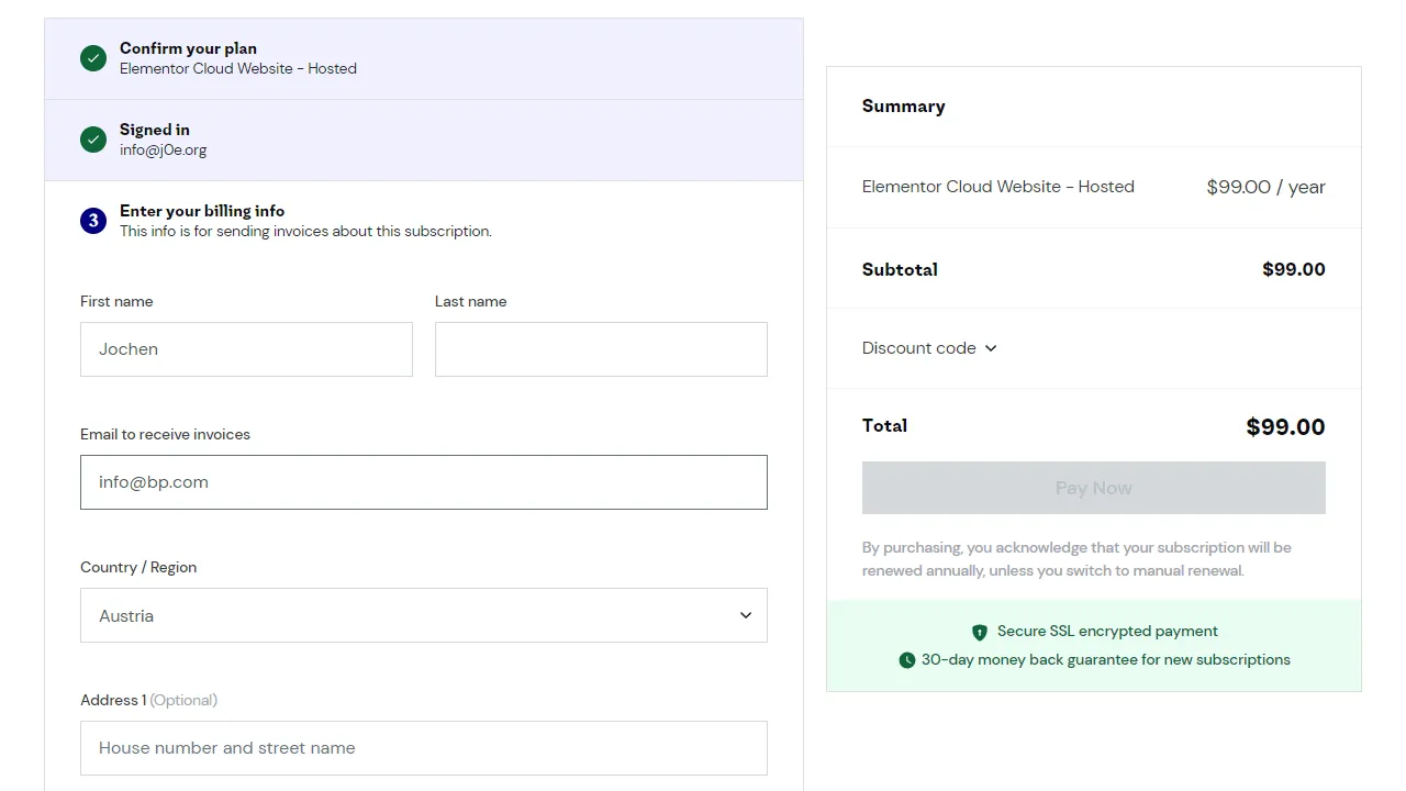Cloud hosting with Elementor costs only $99.00 per year.