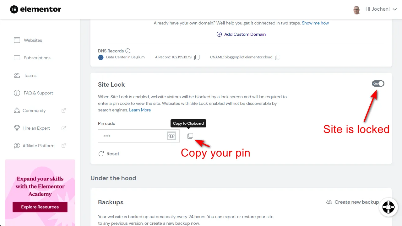 Here you can get your Elementor Cloud Pin.