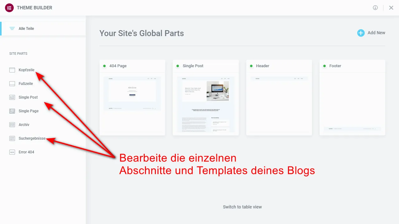Edit the individual areas of your site in the Theme Builder.