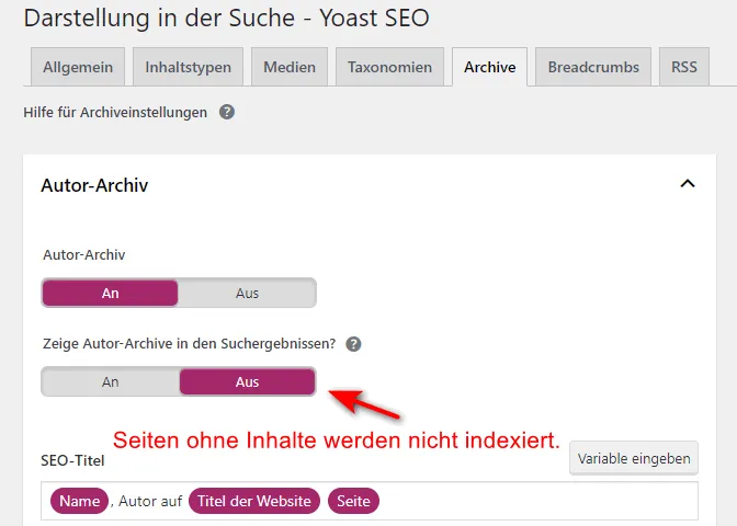 noindex für Seiten ohne wertvollen Inhalten.