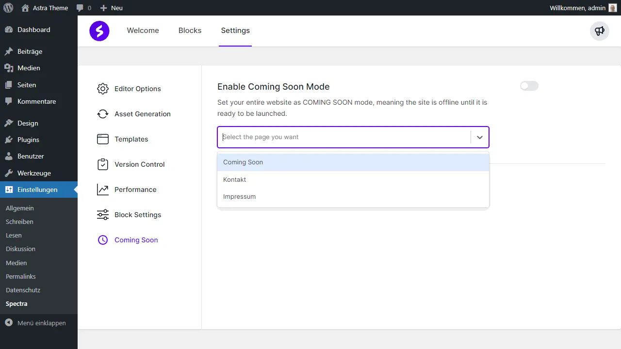 Spectra Plugin: Schalte Coming Soon aktiv