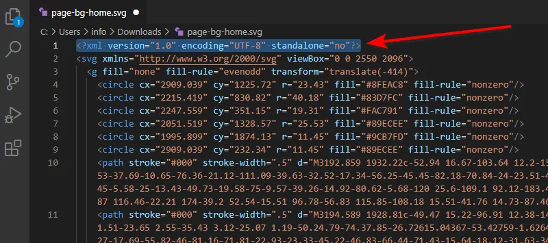 The XML declaration at the beginning of your SVG file.