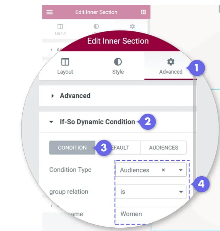 Darstellung der Bedingungen im Elementor Page Builder.