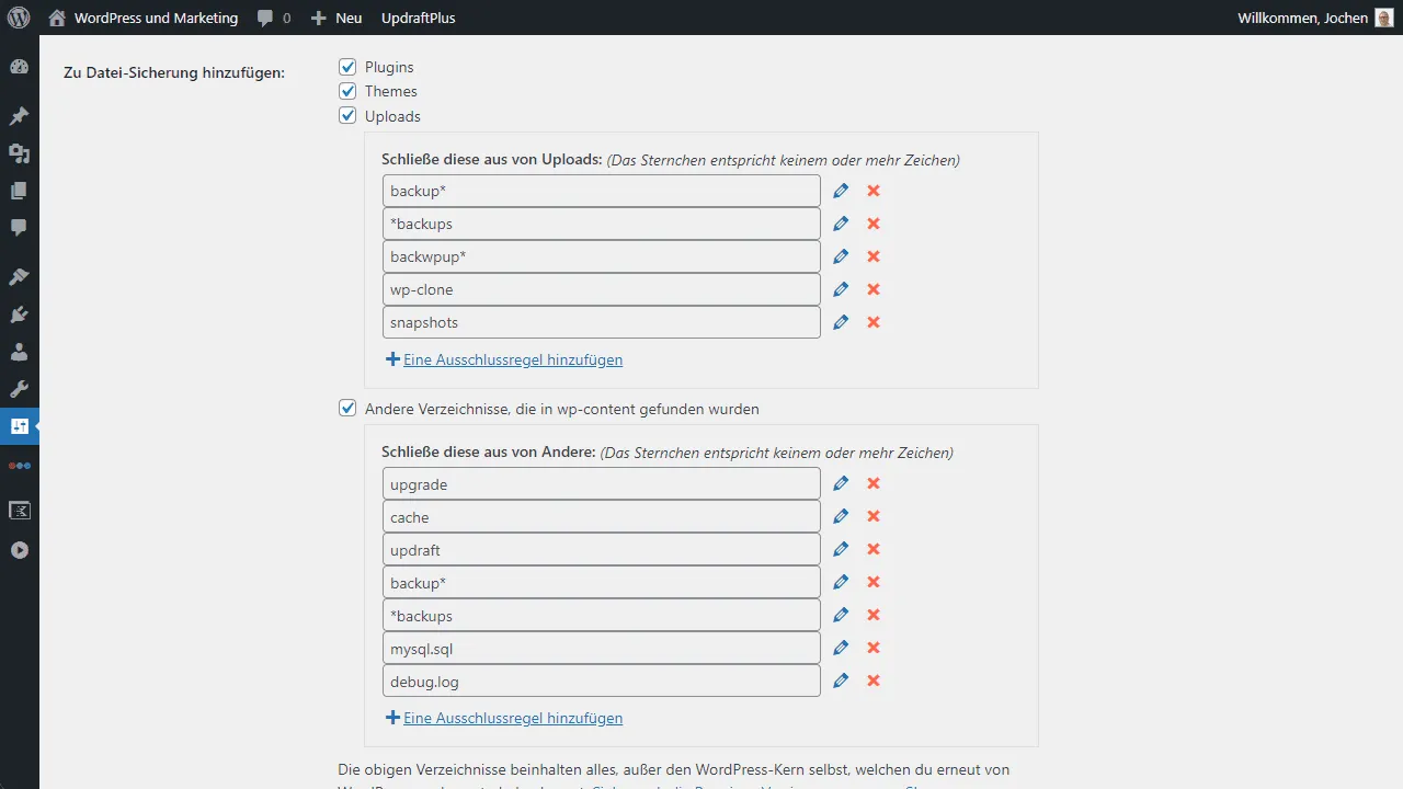 Möchtest du Themes, Plugins und Uploads mit gesichert haben?