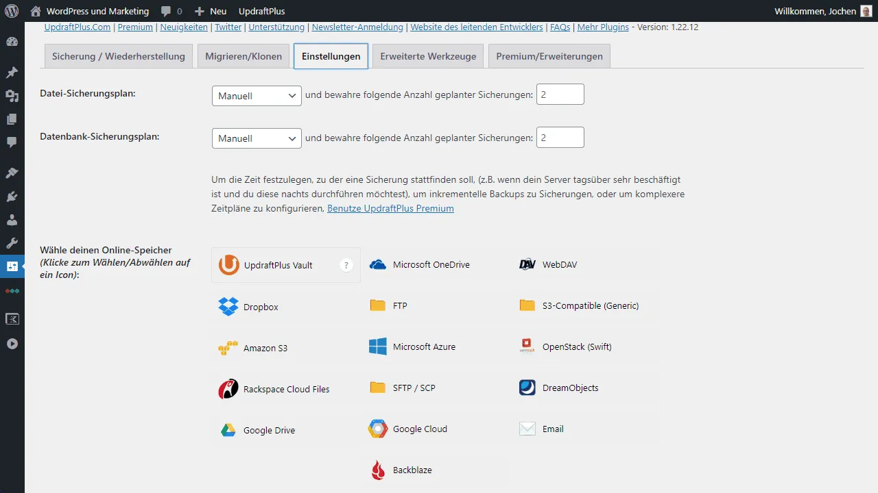 Einstellungen für das Offsite-Backup.