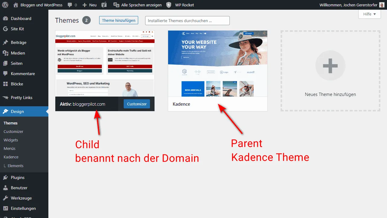 The Parent Theme and the Child Theme in the WordPress Admin Design menu.