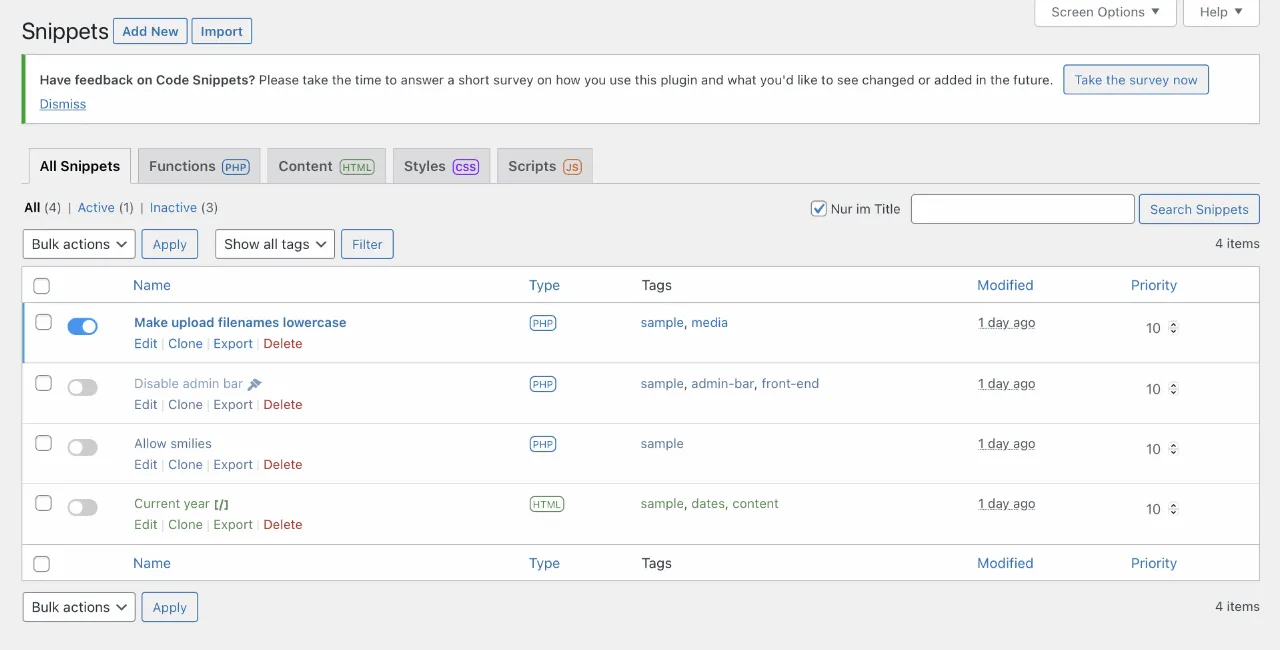 The dashboard with all snippets