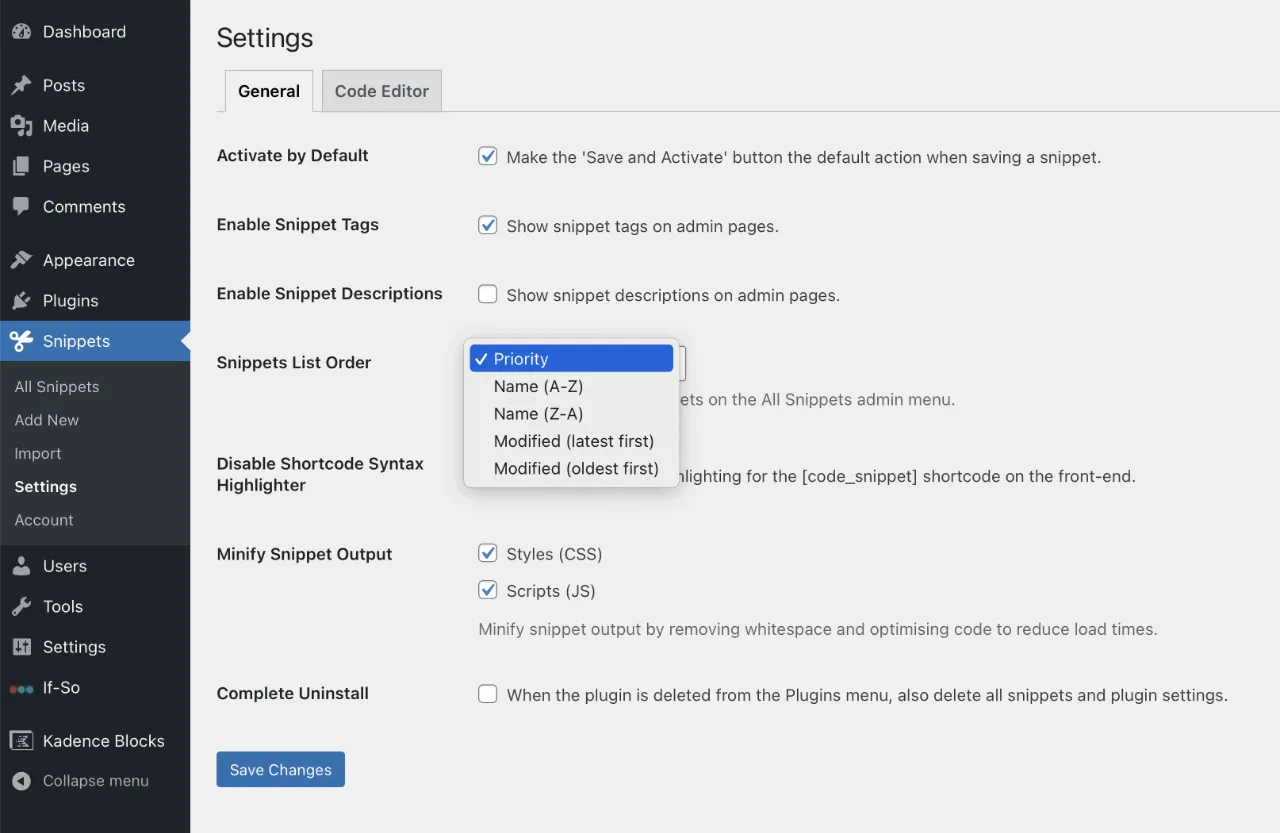 The settings of the Code Snippets WordPress plugin.