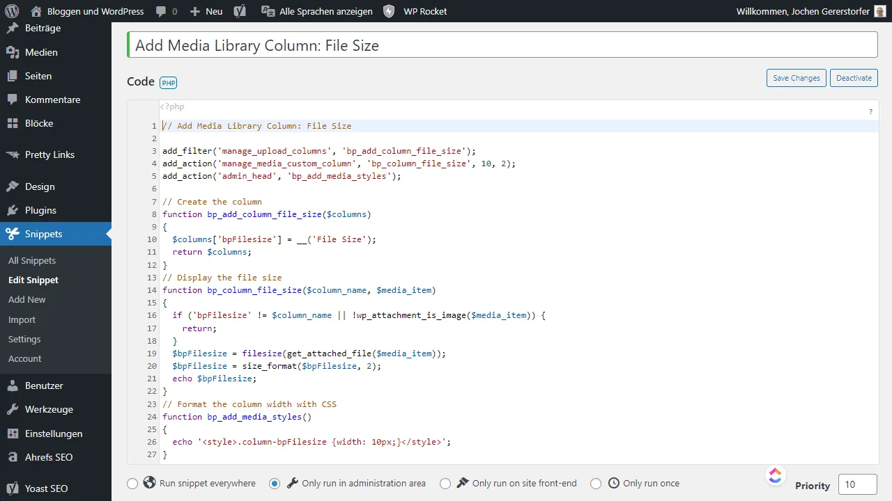 Show the "File Size" column with the Code Snippets Pro plugin.