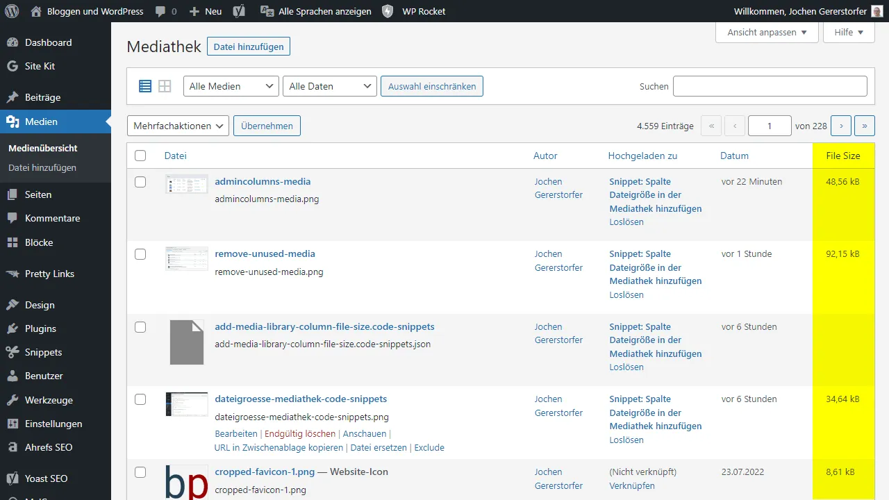 The new File Size column in the WordPress media library.