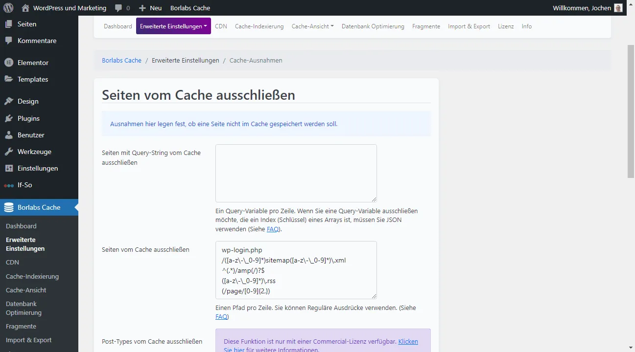 Einstellungen für Seiten, die nicht gecached werden sollen.