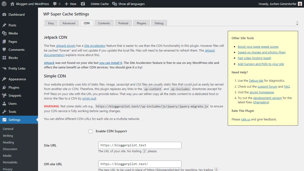 WP Super Cache CDN Einstellungen.