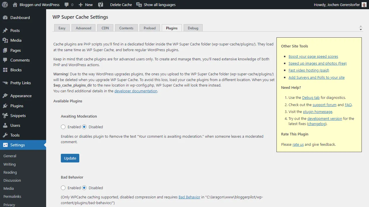 WP Super Cache zusätzliche Plugins.