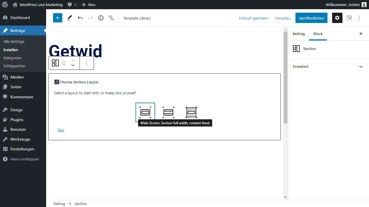 Getwid section in the Gutenberg editor.