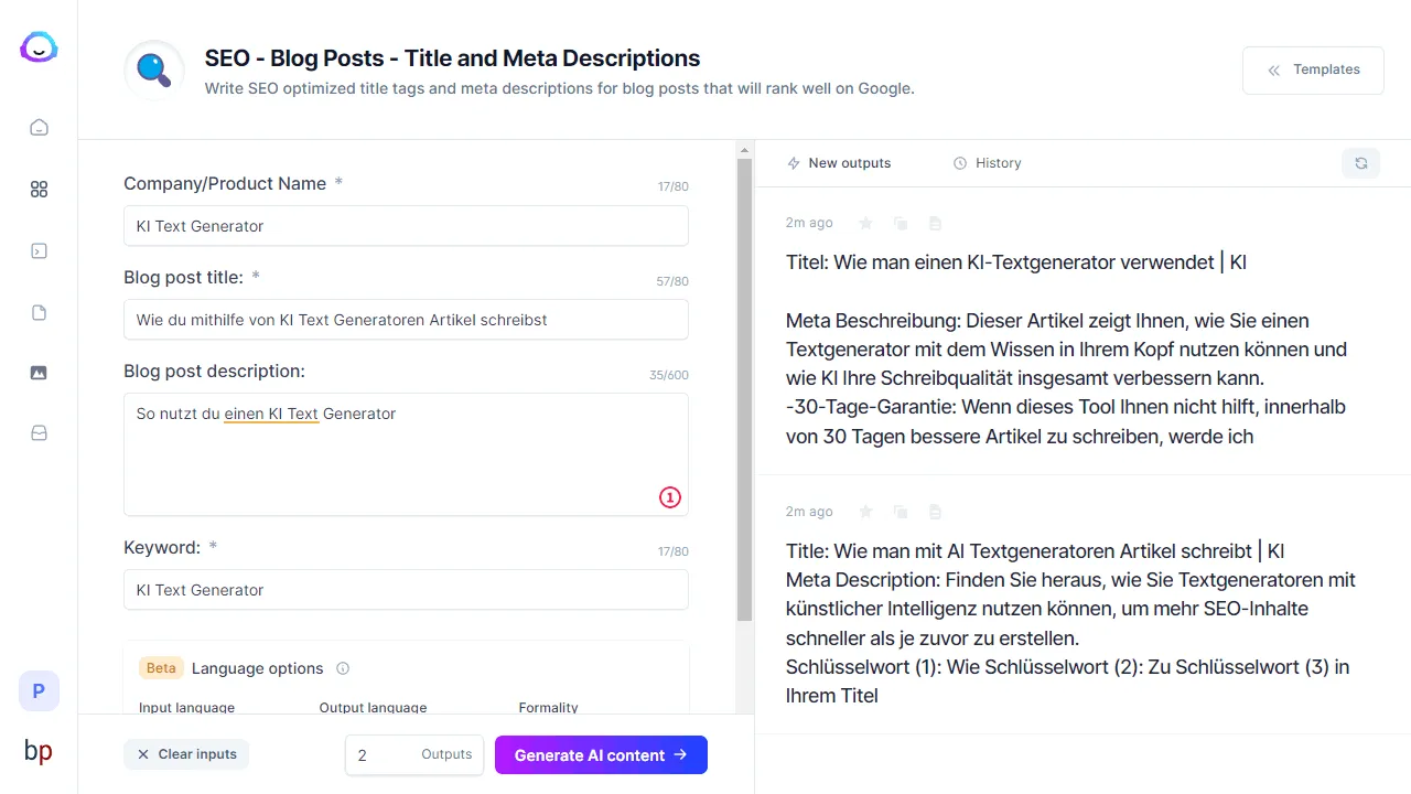 Erstelle die Meta Description mit KI Text Generator Jasper.